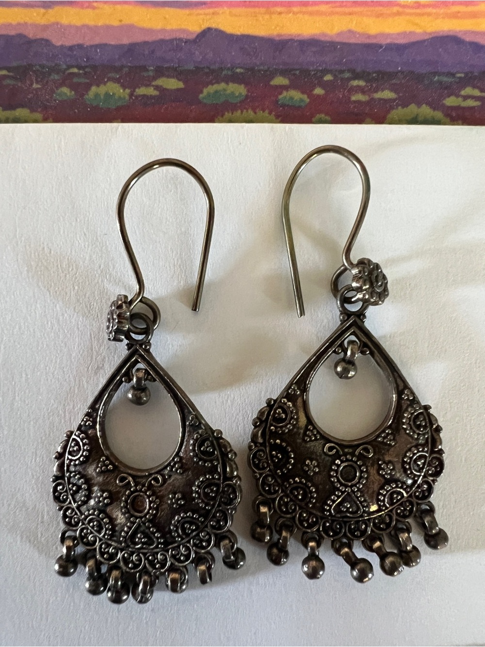 Oxidized SilverTone Boho Tribal Fringe Dangle Earrings - Picture 4 of 7